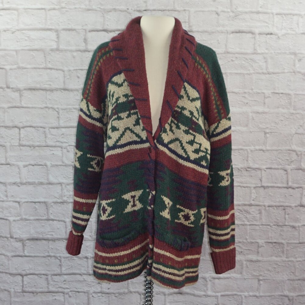 Vintage 80s Pure Wool Hand Knit Cardigan Sweater XL